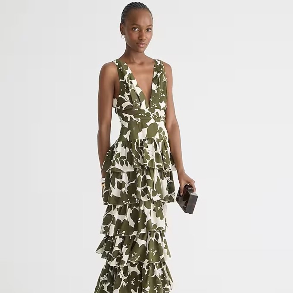 J.Crew Collection Plunge-neck Tiered Dress in Leafy Floral
